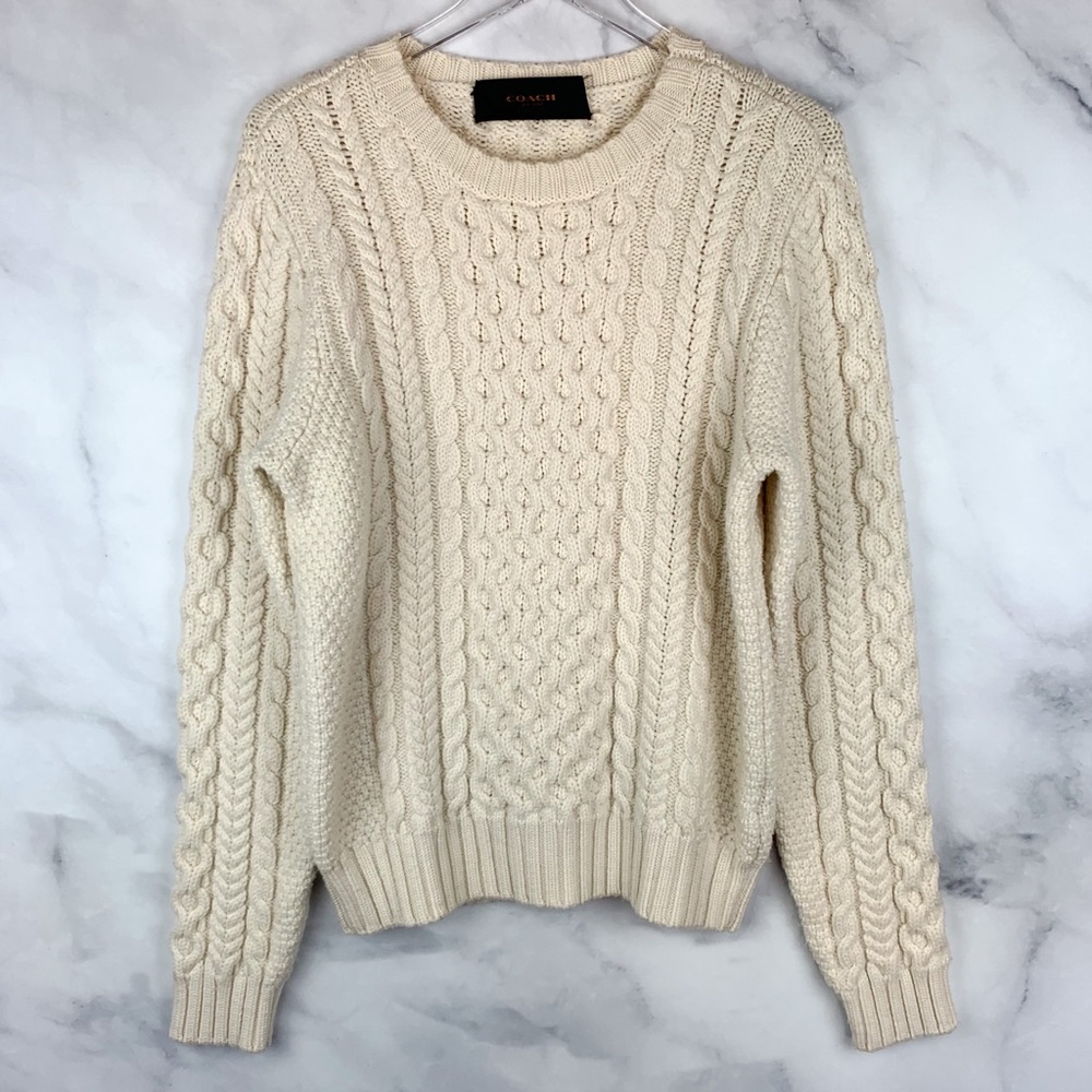 COACH 100% Wool Aran Cable Knit Fisherman Sweater